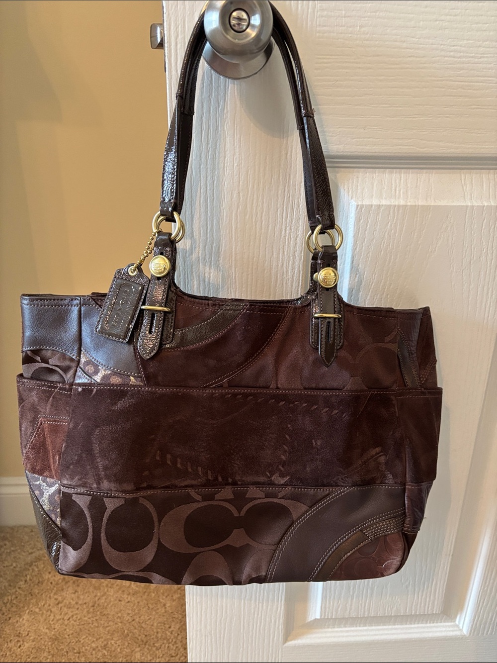 Coach Patchwork Chocolate Brown Tote with Gold Hardware